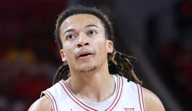 Houston Cougars guard Kingston Flemings (4) reacts against the New Orleans Privateers at Fertitta Center on December 13, 2025.