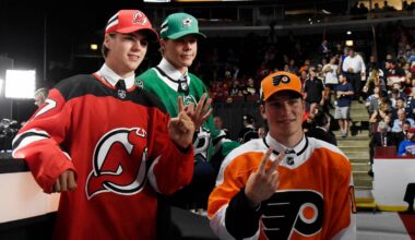 June 23, 2017; Chicago, IL, USA; The top three overall draft picks from left Nico Hischier (New Jersey Devils), Miro Heiskanen (Dallas Stars), and Nolan Patrick (Philadelphia Flyers) pose for a photo during the first round of the 2017 NHL Draft at the United Center.