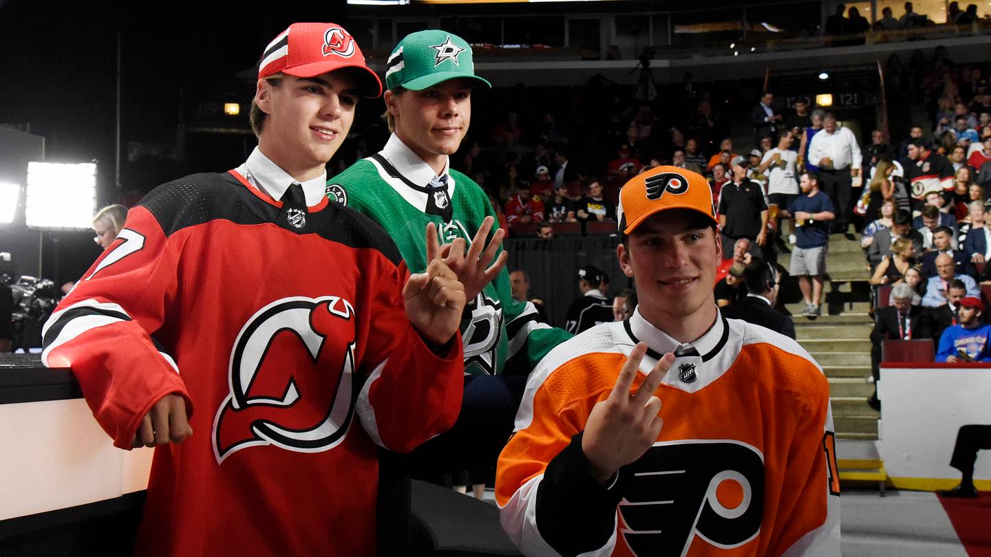 June 23, 2017; Chicago, IL, USA; The top three overall draft picks from left Nico Hischier (New Jersey Devils), Miro Heiskanen (Dallas Stars), and Nolan Patrick (Philadelphia Flyers) pose for a photo during the first round of the 2017 NHL Draft at the United Center.