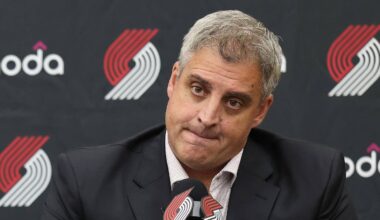 Jun 25, 2026; Portland, OR, USA;  Portland Trail Blazers general manager Joe Cronin and head coach Micah Nori answer questions from the press conference at the Trail Blazers Practice Facility. Mandatory Credit: Jaime Valdez-Imagn Images