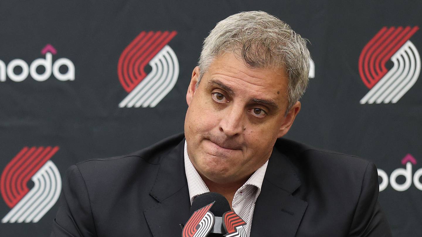 Jun 25, 2026; Portland, OR, USA;  Portland Trail Blazers general manager Joe Cronin and head coach Micah Nori answer questions from the press conference at the Trail Blazers Practice Facility. Mandatory Credit: Jaime Valdez-Imagn Images