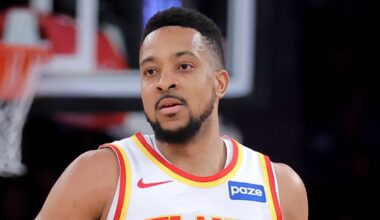 Atlanta Hawks guard CJ McCollum (3) against the New York Knicks during the 2026 NBA Playoffs on April 20, 2026.
