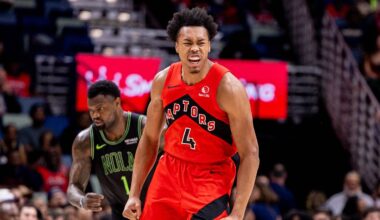 Mar 11, 2026; New Orleans, Louisiana, USA;  Toronto Raptors forward/guard Scottie Barnes (4) reacts to making a three point basket against the New Orleans Pelicans during the first half at Smoothie King Center. Mandatory Credit: Stephen Lew-Imagn Images