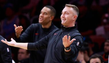 Dec 12, 2024; Miami, Florida, USA;  Toronto Raptors head coach Darko Rajakovic reacts against the Miami Heat during the second half at Kaseya Center. Mandatory Credit: Rhona Wise-Imagn Images