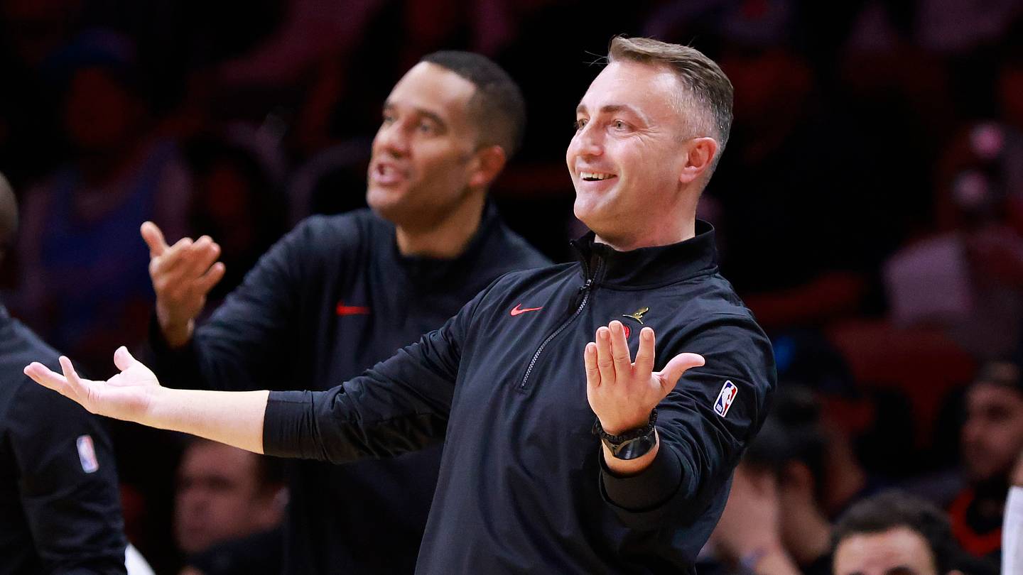 Dec 12, 2024; Miami, Florida, USA;  Toronto Raptors head coach Darko Rajakovic reacts against the Miami Heat during the second half at Kaseya Center. Mandatory Credit: Rhona Wise-Imagn Images