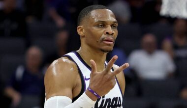 Mar 8, 2026; Sacramento, California, USA; Sacramento Kings guard Russel Westbrook (18) reacts after making a three-point basket against the Chicago Bulls during the second quarter at Golden 1 Center. Mandatory Credit: Dennis Lee-Imagn Images