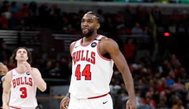 Jan 6, 2025; Chicago, Illinois, USA; Chicago Bulls forward Patrick Williams (44) reacts after scoring against the San Antonio Spurs during the first half at United Center. Mandatory Credit: Kamil Krzaczynski-Imagn Images