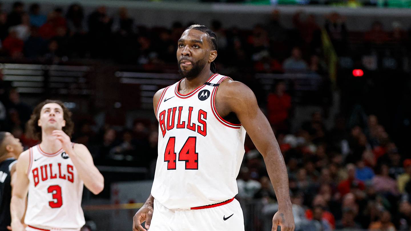Jan 6, 2025; Chicago, Illinois, USA; Chicago Bulls forward Patrick Williams (44) reacts after scoring against the San Antonio Spurs during the first half at United Center. Mandatory Credit: Kamil Krzaczynski-Imagn Images