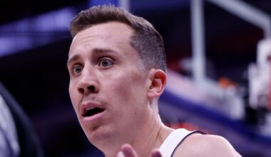 Detroit Pistons forward Duncan Robinson (55) reacts in the first half against the Orlando Magic during game seven of the first round of the 2026 NBA Playoffs at Little Caesars Arena on May 3, 2026.