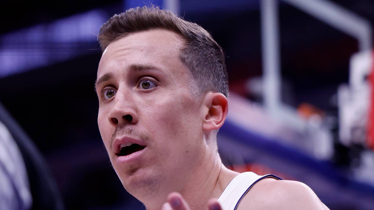 Detroit Pistons forward Duncan Robinson (55) reacts in the first half against the Orlando Magic during game seven of the first round of the 2026 NBA Playoffs at Little Caesars Arena on May 3, 2026.