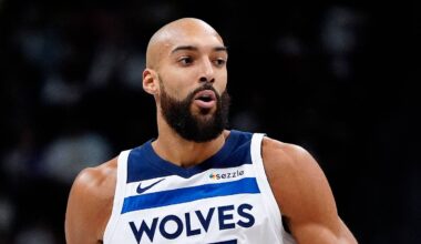 Dec 25, 2025; Denver, Colorado, USA; Minnesota Timberwolves center Rudy Gobert (27) during the first half at Ball Arena. Mandatory Credit: Ron Chenoy-Imagn Images