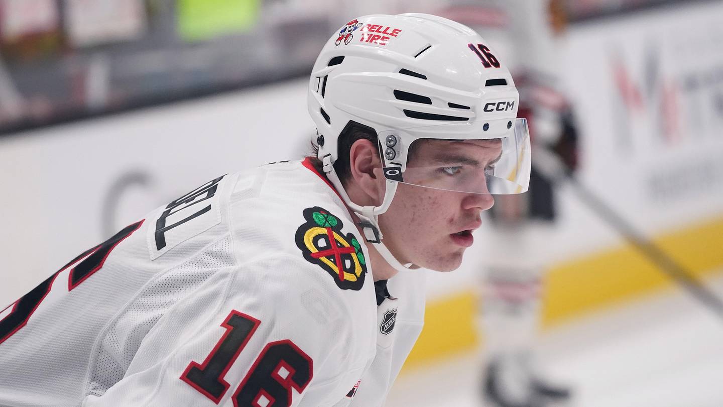 Frank Nazar of the Chicago Blackhawks celebrates a goal.