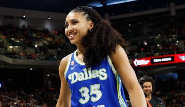Jul 24, 2026; Chicago, IL, USA; Dallas Wings guard Azzi Fudd (35) reacts during the 2026 State Farm WNBA 3-Point Contest trophy at Wintrust Arena. Mandatory Credit: Kamil Krzaczynski-Imagn Images