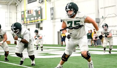 Michigan State's Ben Murawski and the rest of the offensive line participate in a drill during spring football practice on Tuesday, April 14, 2026, in East Lansing.
