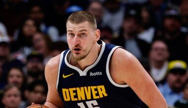 Apr 27, 2026; Denver, Colorado, USA; Denver Nuggets center Nikola Jokic (15) dribbles the ball up court in the third quarter against the Minnesota Timberwolves during game five of the first round of the 2026 NBA Playoffs at Ball Arena. Mandatory Credit: Isaiah J. Downing-Imagn Images