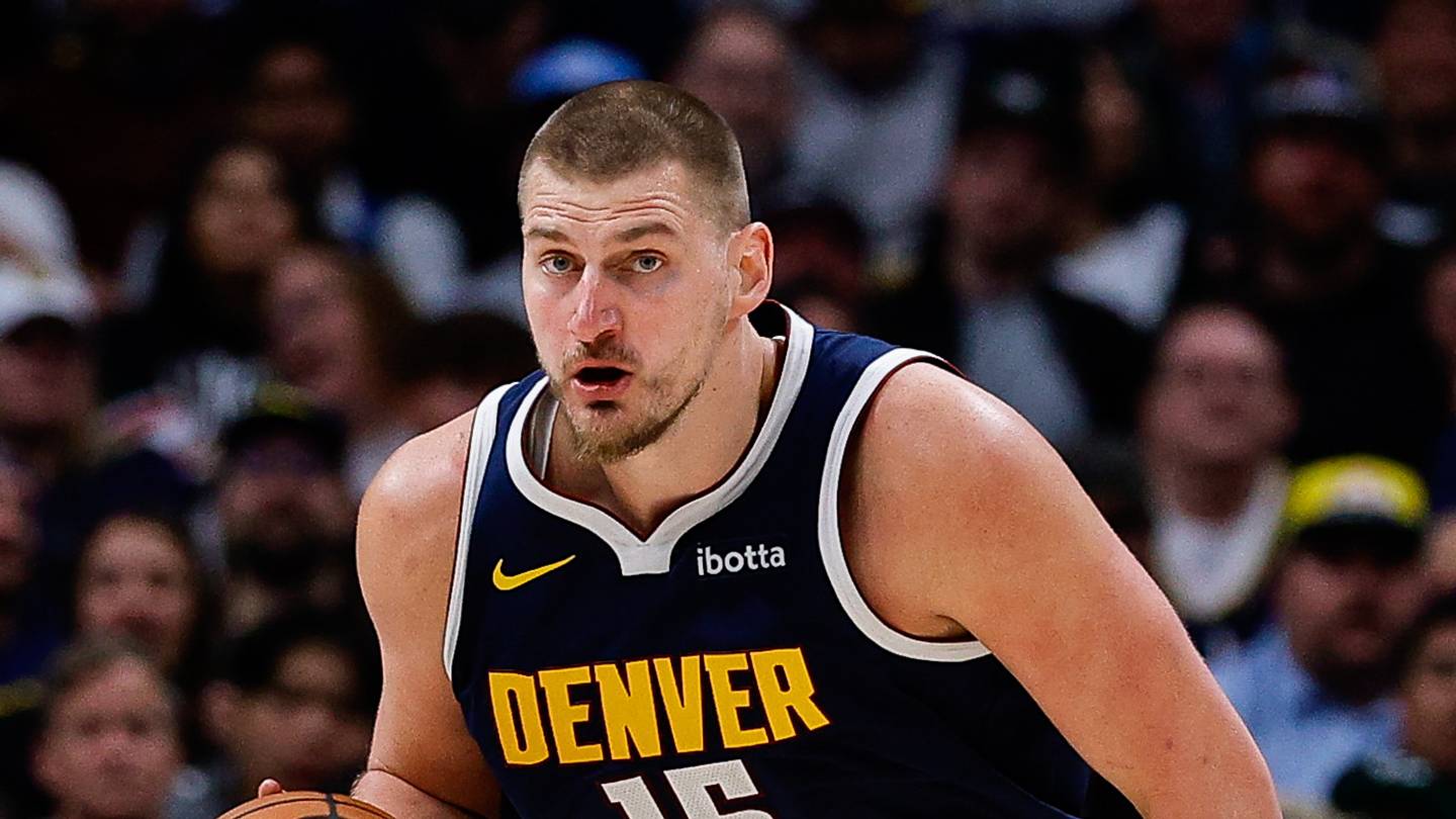 Apr 27, 2026; Denver, Colorado, USA; Denver Nuggets center Nikola Jokic (15) dribbles the ball up court in the third quarter against the Minnesota Timberwolves during game five of the first round of the 2026 NBA Playoffs at Ball Arena. Mandatory Credit: Isaiah J. Downing-Imagn Images
