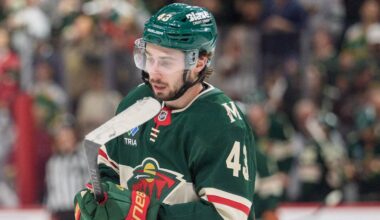 May 9, 2026; Saint Paul, Minnesota, USA; Minnesota Wild defenseman Quinn Hughes (43) skates after scoring against the Colorado Avalanche in the first period of game three of the second round of the 2026 Stanley Cup Playoffs at Grand Casino Arena. Mandatory Credit: Matt Blewett-Imagn Images