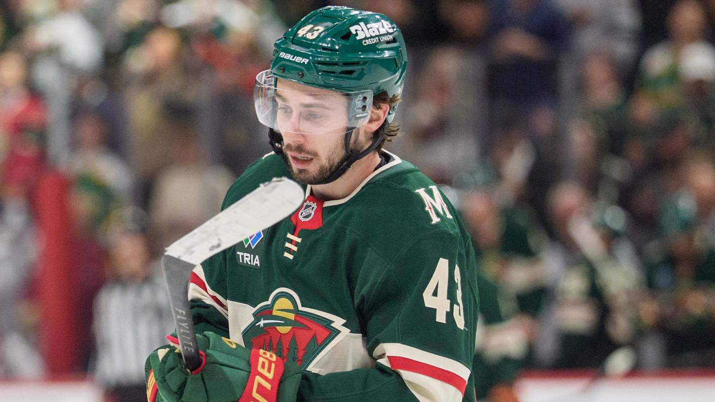 May 9, 2026; Saint Paul, Minnesota, USA; Minnesota Wild defenseman Quinn Hughes (43) skates after scoring against the Colorado Avalanche in the first period of game three of the second round of the 2026 Stanley Cup Playoffs at Grand Casino Arena. Mandatory Credit: Matt Blewett-Imagn Images