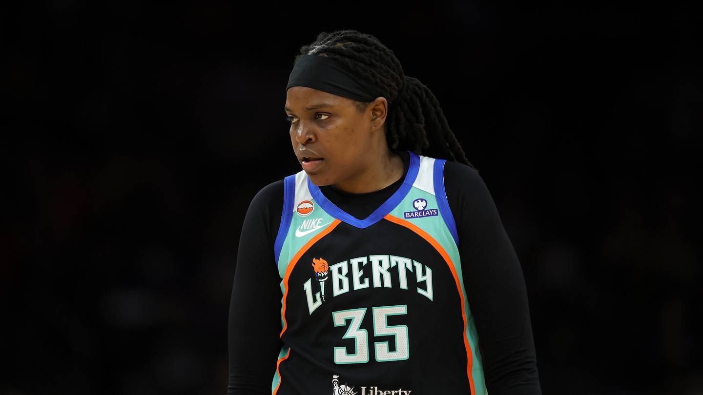 Aug 1, 2026; Phoenix, Arizona, USA; New York Liberty center Jonquel Jones (35) against the Phoenix Mercury at Mortgage Matchup Center. Mandatory Credit: Mark J. Rebilas-Imagn Images
