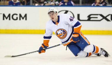 Sep 26, 2023; New York, New York, USA;  New York Islanders forward Matthew Maggio (48) attempts to get up after an injury in the first period against the New York Rangers at Madison Square Garden. Mandatory Credit: Wendell Cruz-USA TODAY Sports