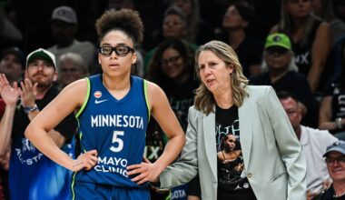 Aug 9, 2026; Minneapolis, Minnesota, USA; Minnesota Lynx guard Olivia Miles (5) and head coach Cheryl Reeve look on during the second quarter against the Dallas Wings at Target Center. Mandatory Credit: Jeffrey Becker-Imagn Images