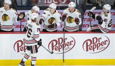 Dec 20, 2025; Ottawa, Ontario, CAN; Chicago Blackhawks left wing Nick Lardis (76) celebrates with team his first NHL goal in the third period against the Ottawa Senators at the Canadian Tire Centre. Mandatory Credit: Marc DesRosiers-IMAGN Images