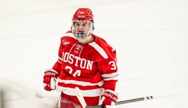 Feb 25, 2025; Storrs, CT, USA; Boston University forward Cole Eiserman (34) reacts after scoring against UConn in a shoot-out after the third period at Toscano Family Ice Forum. Mandatory Credit: David Butler II-Imagn Images