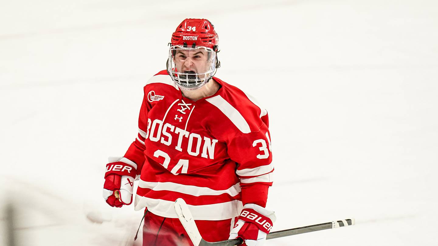 Feb 25, 2025; Storrs, CT, USA; Boston University forward Cole Eiserman (34) reacts after scoring against UConn in a shoot-out after the third period at Toscano Family Ice Forum. Mandatory Credit: David Butler II-Imagn Images