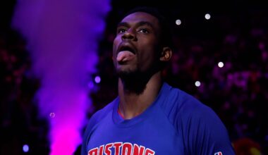 May 17, 2026; Detroit, Michigan, USA; Detroit Pistons center Jalen Duren (0) reacts before game seven of the second round of the 2026 NBA Playoffs against the Cleveland Cavaliers at Little Caesars Arena. Mandatory Credit: Rick Osentoski-Imagn Images