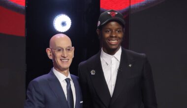 Jun 23, 2026; New York, NY, USA; North Carolina forward Caleb Wilson after he was selected by the Chicago Bulls  Mandatory Credit: Brad Penner-Imagn Images