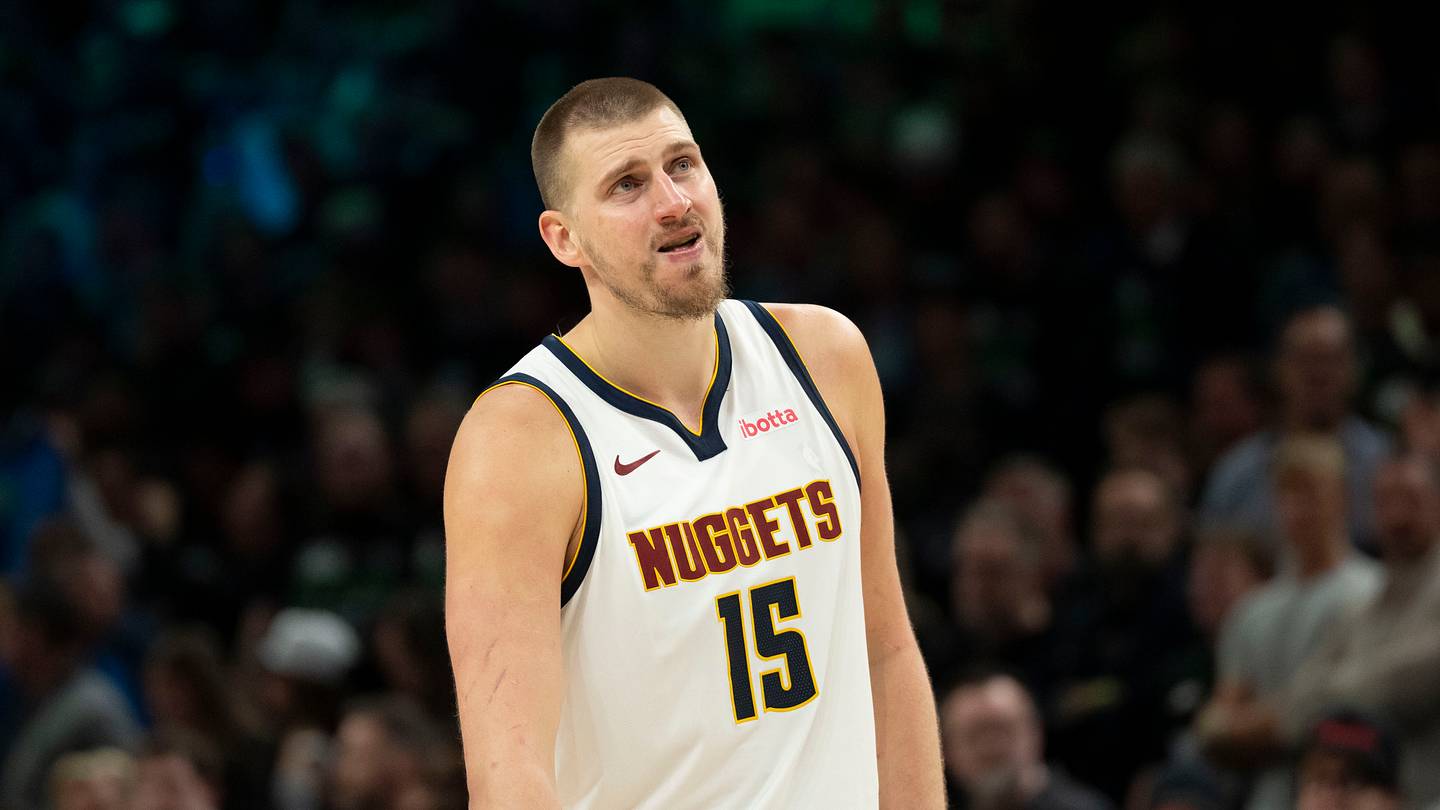 Apr 30, 2026; Minneapolis, Minnesota, USA; Denver Nuggets center Nikola Jokic (15) looks on against the Minnesota Timberwolves in the second half during game six of the first round of the 2026 NBA Playoffs at Target Center. Mandatory Credit: Jesse Johnson-Imagn Images