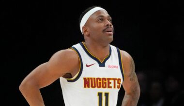 Apr 23, 2026; Minneapolis, Minnesota, USA; Denver Nuggets guard Bruce Brown (11) reacts to a foul call against his team and for the Minnesota Timberwolves in the third quarter at Target Center. Mandatory Credit: Bruce Kluckhohn-Imagn Images
