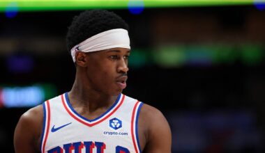 Philadelphia 76ers guard VJ Edgecombe (77) looks on against the Miami Heat during the third quarter at Kaseya Center on Mar. 30, 2026.