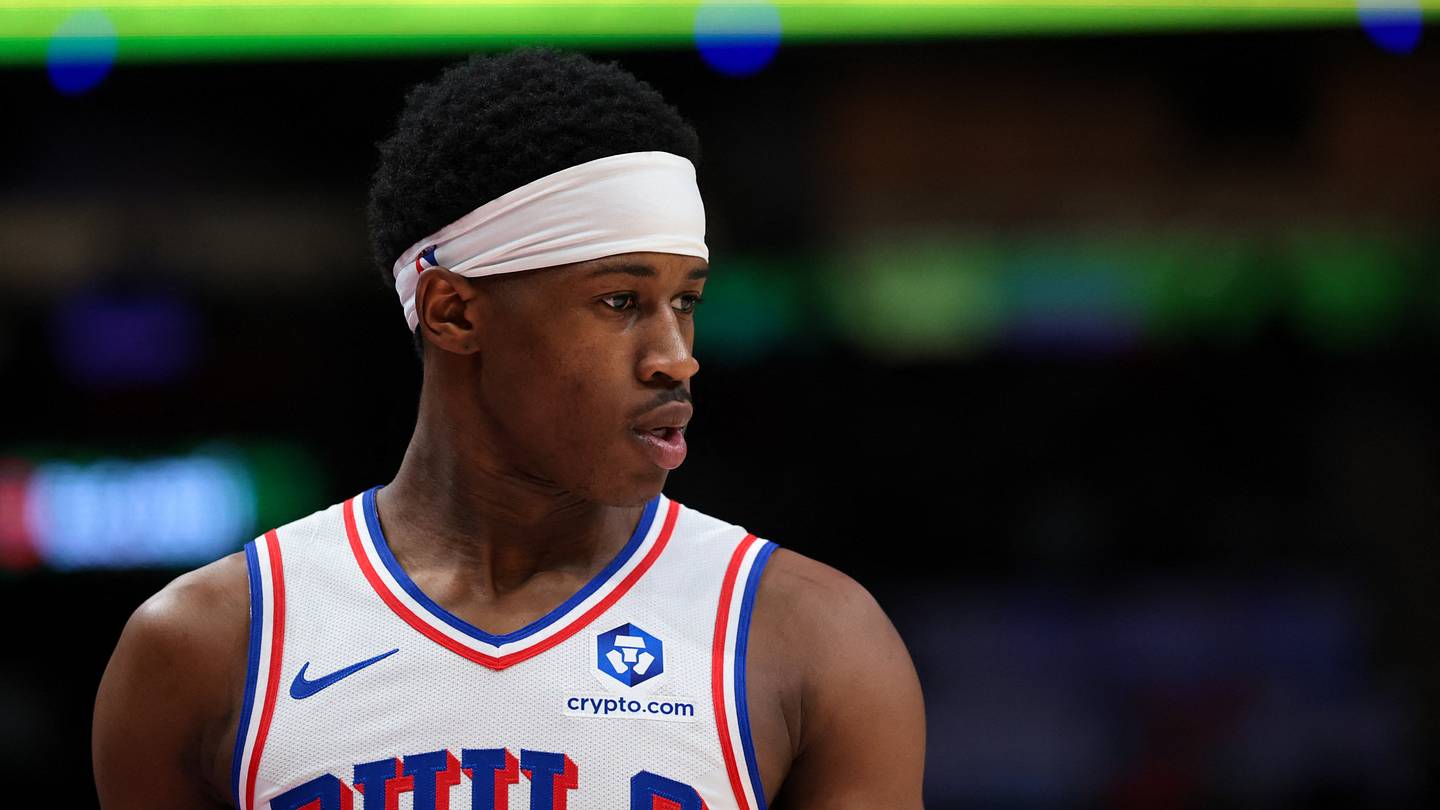 Philadelphia 76ers guard VJ Edgecombe (77) looks on against the Miami Heat during the third quarter at Kaseya Center on Mar. 30, 2026.