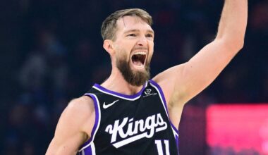 Jan 23, 2026; Cleveland, Ohio, USA; Sacramento Kings forward Domantas Sabonis (11) celebrates after hitting a three point basket against the Cleveland Cavaliers during the first half at Rocket Arena. Mandatory Credit: Ken Blaze-Imagn Images