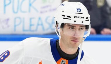 Dec 31, 2024; Toronto, Ontario, CAN; New York Islanders left wing Pierre Engvall (18) skates during the warmup before a game against the Toronto Maple Leafs at the Scotiabank Arena. Mandatory Credit: Nick Turchiaro-Imagn Images