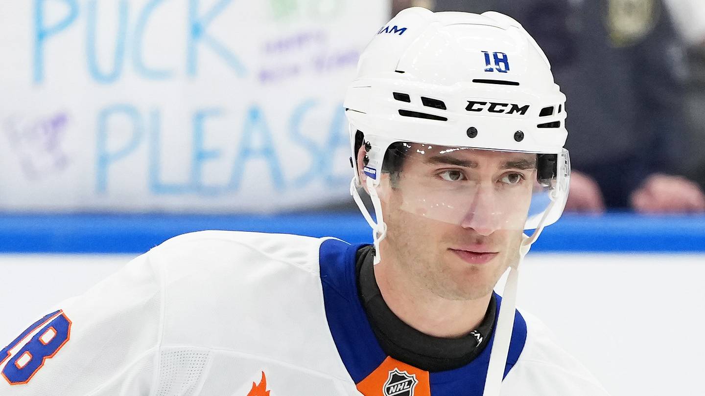 Dec 31, 2024; Toronto, Ontario, CAN; New York Islanders left wing Pierre Engvall (18) skates during the warmup before a game against the Toronto Maple Leafs at the Scotiabank Arena. Mandatory Credit: Nick Turchiaro-Imagn Images