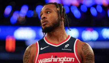 Washington Wizards forward Cam Whitmore (1) looks on during the second half against the New York Knicks at Madison Square Garden on Nov. 3, 2025.