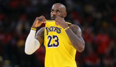 Los Angeles Lakers forward LeBron James (23) looks up during the fourth quarter against the Houston Rockets during game three of the first round of the 2026 NBA Playoffs at Toyota Center on Apr. 24, 2026.