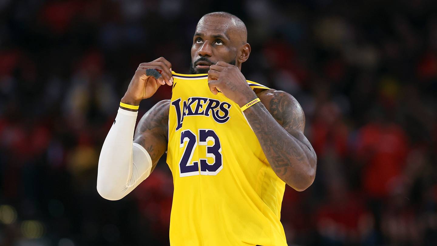 Los Angeles Lakers forward LeBron James (23) looks up during the fourth quarter against the Houston Rockets during game three of the first round of the 2026 NBA Playoffs at Toyota Center on Apr. 24, 2026.