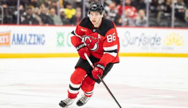Apr 9, 2026; Newark, New Jersey, USA; New Jersey Devils center Jack Hughes (86) skates with the puck during the third period against the Pittsburgh Penguins at Prudential Center. Mandatory Credit: Luther Schlaifer-Imagn Images