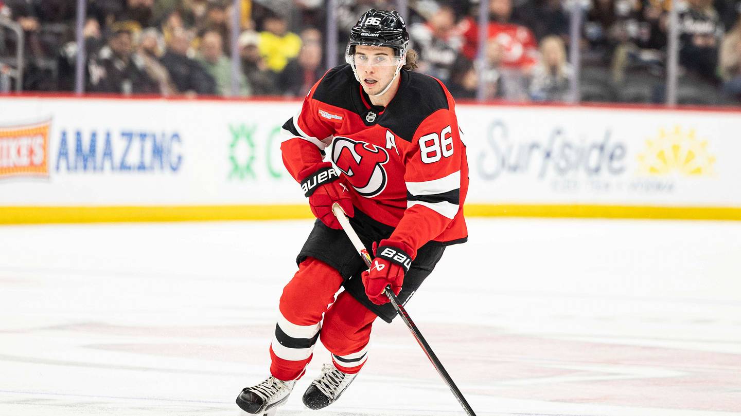 Apr 9, 2026; Newark, New Jersey, USA; New Jersey Devils center Jack Hughes (86) skates with the puck during the third period against the Pittsburgh Penguins at Prudential Center. Mandatory Credit: Luther Schlaifer-Imagn Images