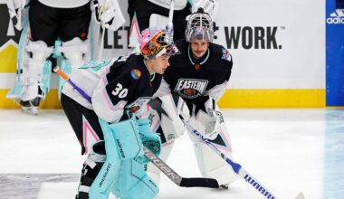 Feb 4, 2023; Sunrise, Florida, USA; Metropolitan Division goaltender (30) Ilya Sorokin New York Islanders talks with Metropolitan Division goaltender Igor Shesterkin (31) of the New York Rangers before the 2023 NHL All-Star Game at FLA Live Arena. Mandatory Credit: Sam Navarro-USA TODAY Sports