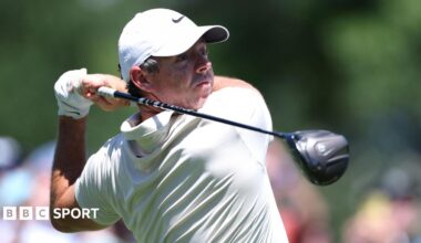 Rory McIlroy at the end of his swing
