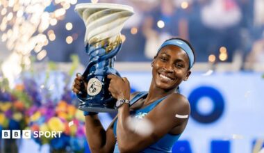 Coco Gauff of the United States poses with the Rookwood Cup after defeating Jessica Pegula of the United States in the women's singles final on the final day of the Cincinnati Open