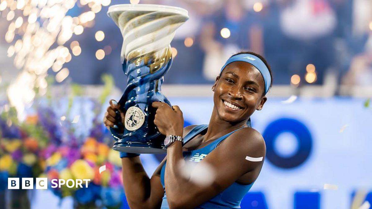 Coco Gauff of the United States poses with the Rookwood Cup after defeating Jessica Pegula of the United States in the women's singles final on the final day of the Cincinnati Open