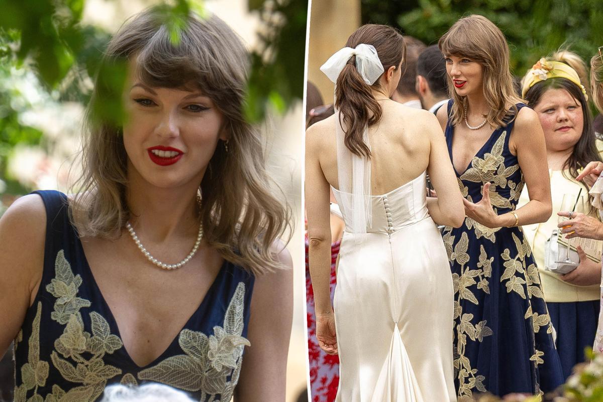 Taylor Swift rocks elegant navy tulle gown at pals' UK wedding