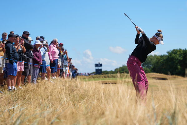 Nelly Korda, of the United States, plays a shot out of the rough on the 3rd hole during the second round of the Women's British Open golf championship in Lytham St Annes, England, Friday, July 31, 2026. (AP Photo/Jon Super)