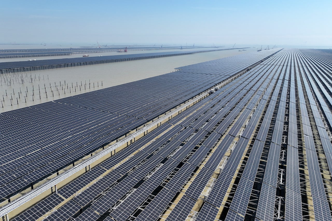 An aerial view of a floating solar energy installation.