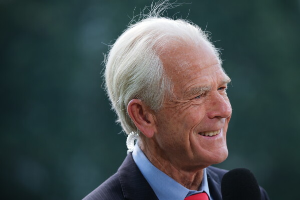 White House trade counselor Peter Navarro speaks during a video interview with Real America's Voice News, Friday, July 17, 2026, at the White House in Washington. (AP Photo/Julia Demaree Nikhinson)